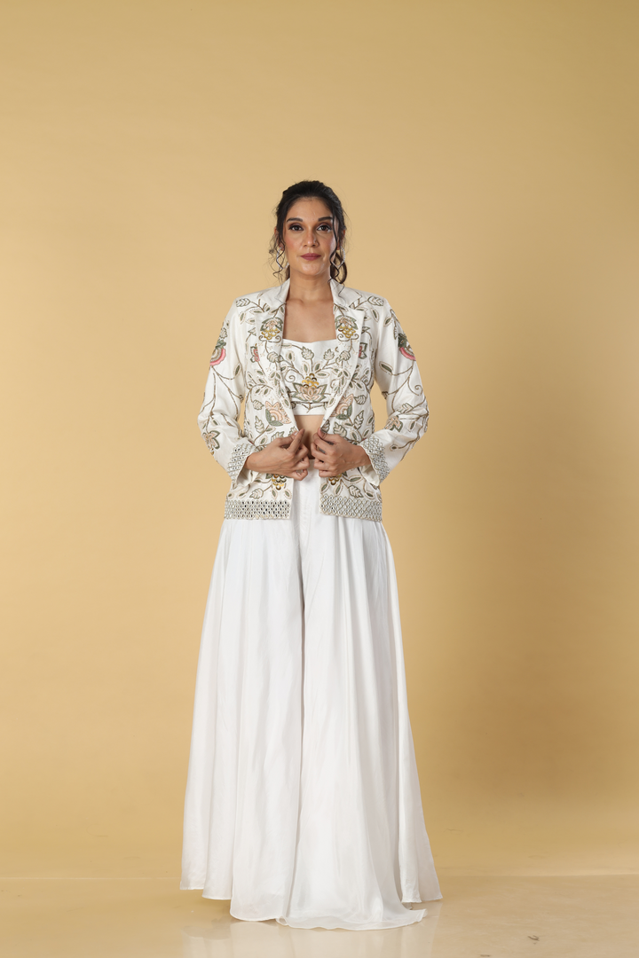 White satin organza palazzo paired with d-dupion 3D work jacket and tube