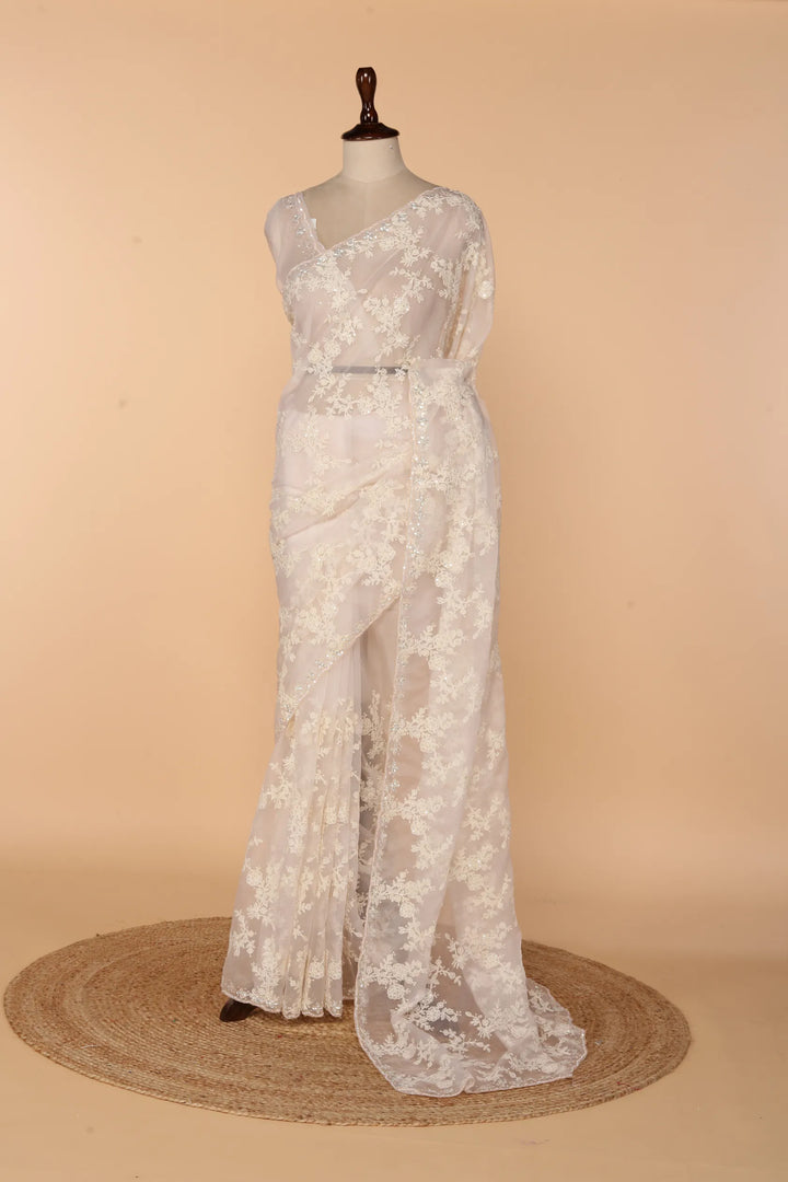 Powder Pink Soft Organza Saree with Chikankari & Self Sequin Border
