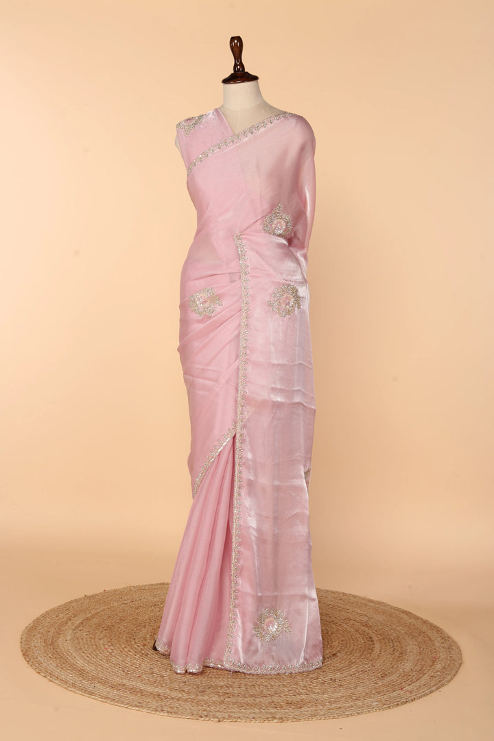 Onion Pink Tissue Organza Saree with Bead, Sequin & Stone Work