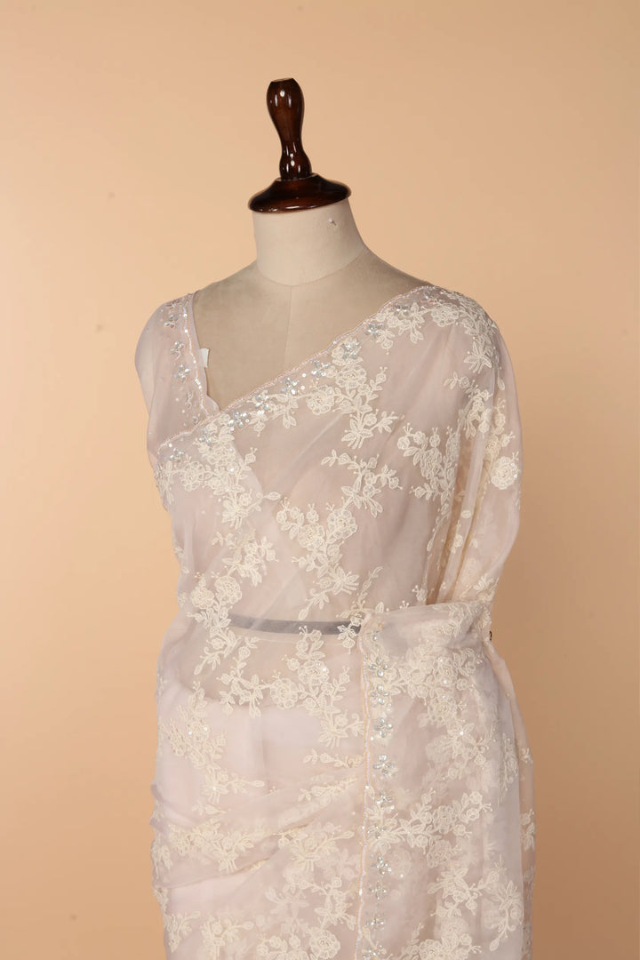 Powder Pink Soft Organza Saree with Chikankari & Self Sequin Border