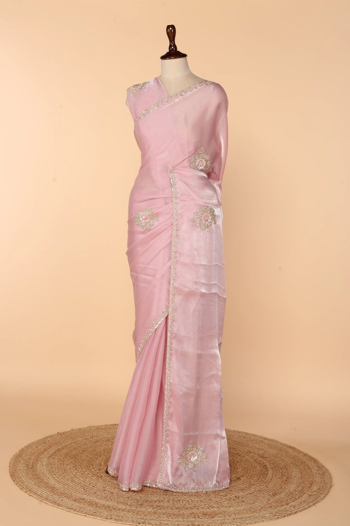 Onion Pink Tissue Organza Saree with Bead, Sequin & Stone Work