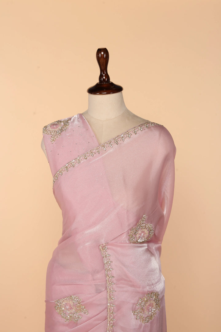 Onion Pink Tissue Organza Saree with Bead, Sequin & Stone Work