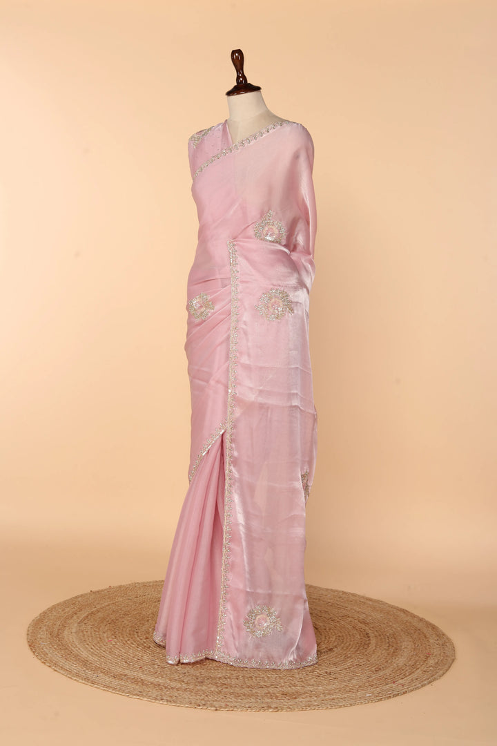 Onion Pink Tissue Organza Saree with Bead, Sequin & Stone Work