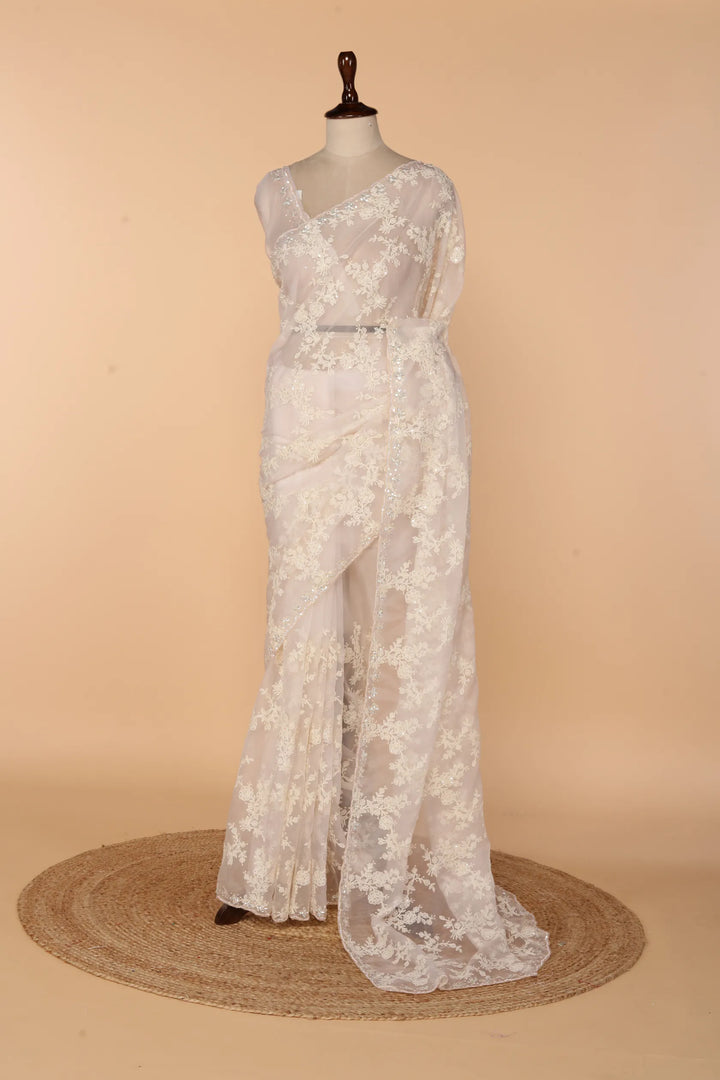 Powder Pink Soft Organza Saree with Chikankari & Self Sequin Border