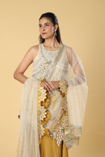 Load image into Gallery viewer, Ombrae mustard beige dola silk pearl embroiderd kurti paired with georgeette organza palazoo with beige net dpt
