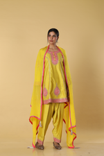 Load image into Gallery viewer, Yellow d-dupion dhoti style paired with peplum embroidered kurta and dupatta
