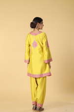 Load image into Gallery viewer, Yellow d-dupion dhoti style paired with peplum embroidered kurta and dupatta
