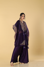 Load image into Gallery viewer, Purple resham dori embroidered suit paired with modal satin dhoti style bottam and organza cape
