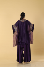Load image into Gallery viewer, Purple resham dori embroidered suit paired with modal satin dhoti style bottam and organza cape
