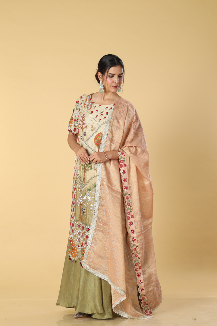 Ombrae green beige story telling resham dori embroidery suit paired with banarasi georgette and contrast peach banarasi dupatta