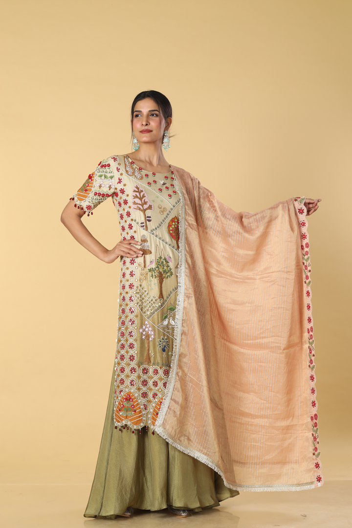 Ombrae green beige story telling resham dori embroidery suit paired with banarasi georgette and contrast peach banarasi dupatta