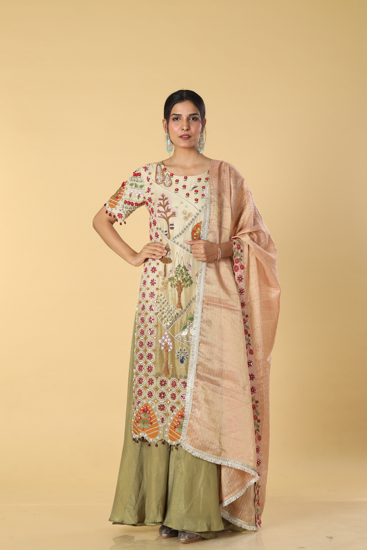 Ombrae green beige story telling resham dori embroidery suit paired with banarasi georgette and contrast peach banarasi dupatta