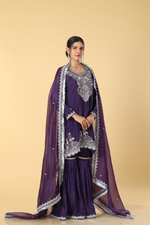 Load image into Gallery viewer, Purple upada zardosi pearl embroidery sharara suit and organza dupatta
