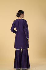 Load image into Gallery viewer, Purple upada zardosi pearl embroidery sharara suit and organza dupatta
