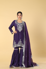 Load image into Gallery viewer, Purple upada zardosi pearl embroidery sharara suit and organza dupatta
