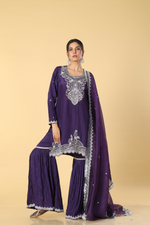 Load image into Gallery viewer, Purple upada zardosi pearl embroidery sharara suit and organza dupatta
