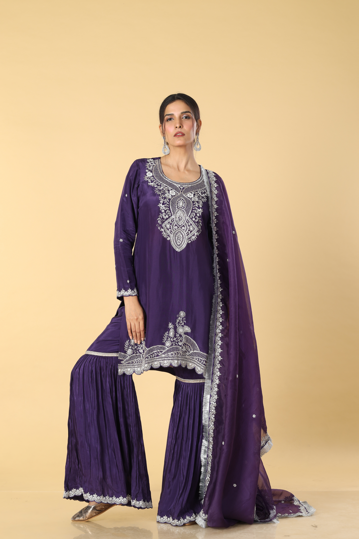 Purple upada zardosi pearl embroidery sharara suit and organza dupatta
