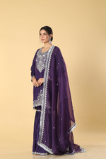 Load image into Gallery viewer, Purple upada zardosi pearl embroidery sharara suit and organza dupatta

