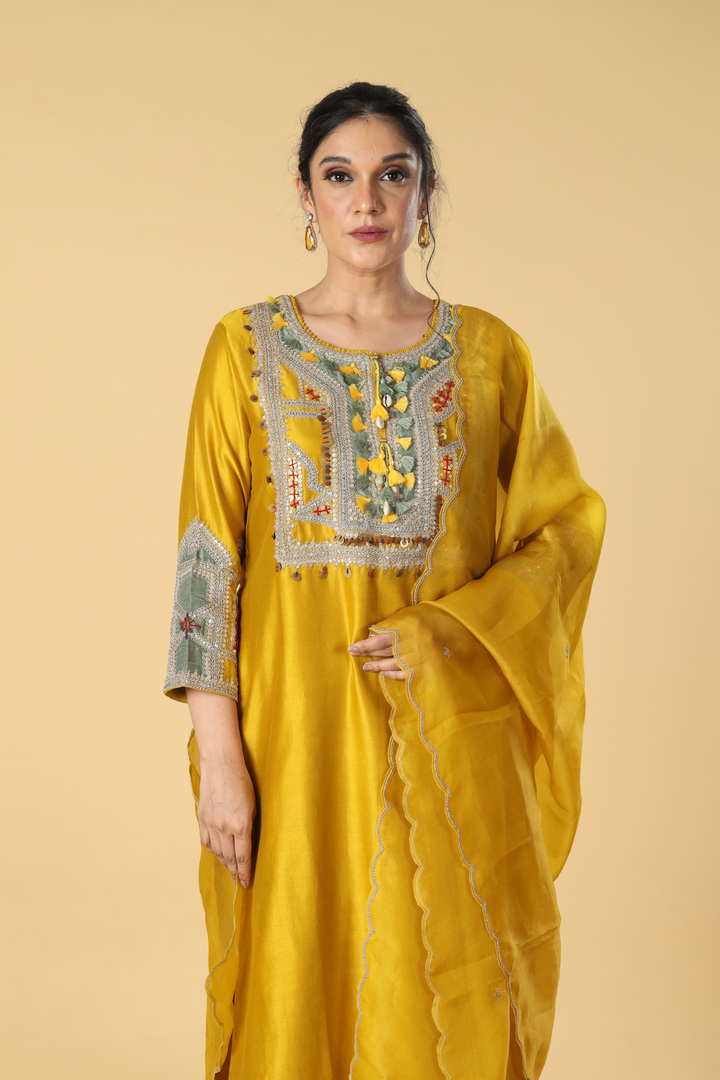 Yellow chandari dori embroidered suit paired with pants & banarasi organza dupatta