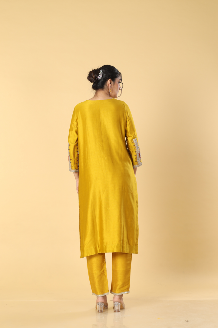 Yellow chandari dori embroidered suit paired with pants & banarasi organza dupatta