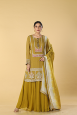 Load image into Gallery viewer, Apple green bandhej dori embroidered suit paired with georgette sharara and tissue dupatta
