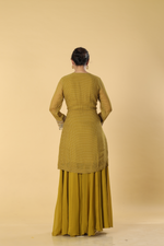 Load image into Gallery viewer, Apple green bandhej dori embroidered suit paired with georgette sharara and tissue dupatta
