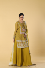 Load image into Gallery viewer, Apple green bandhej dori embroidered suit paired with georgette sharara and tissue dupatta
