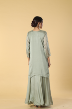 Load image into Gallery viewer, Pista green Satin organza zardosi dori embroidered sharara suit with georgette organza dupatta
