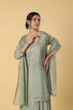 Load image into Gallery viewer, Pista green Satin organza zardosi dori embroidered sharara suit with georgette organza dupatta
