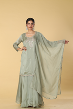 Load image into Gallery viewer, Pista green Satin organza zardosi dori embroidered sharara suit with georgette organza dupatta
