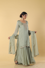 Load image into Gallery viewer, Pista green Satin organza zardosi dori embroidered sharara suit with georgette organza dupatta
