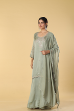 Load image into Gallery viewer, Pista green Satin organza zardosi dori embroidered sharara suit with georgette organza dupatta
