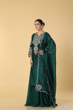 Load image into Gallery viewer, Royal green chanderi silk dori resham embroidery paired with georgette sharara and organza dupatta
