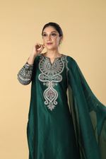 Load image into Gallery viewer, Royal green chanderi silk dori resham embroidery paired with georgette sharara and organza dupatta
