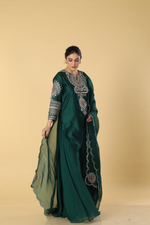 Load image into Gallery viewer, Royal green chanderi silk dori resham embroidery paired with georgette sharara and organza dupatta
