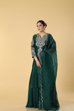 Load image into Gallery viewer, Royal green chanderi silk dori resham embroidery paired with georgette sharara and organza dupatta
