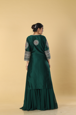 Load image into Gallery viewer, Royal green chanderi silk dori resham embroidery paired with georgette sharara and organza dupatta

