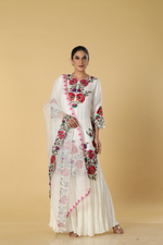 Load image into Gallery viewer, Off white resham embroidered suit paired with georgette sharara  and organza dupatta
