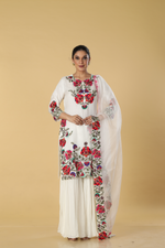 Load image into Gallery viewer, Off white resham embroidered suit paired with georgette sharara  and organza dupatta
