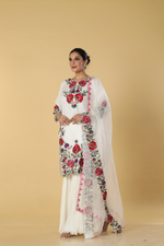 Load image into Gallery viewer, Off white resham embroidered suit paired with georgette sharara  and organza dupatta
