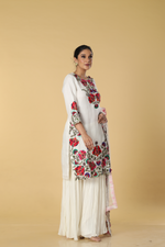 Load image into Gallery viewer, Off white resham embroidered suit paired with georgette sharara  and organza dupatta
