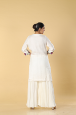 Load image into Gallery viewer, Off white resham embroidered suit paired with georgette sharara  and organza dupatta
