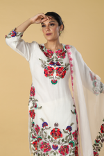 Load image into Gallery viewer, Off white resham embroidered suit paired with georgette sharara  and organza dupatta
