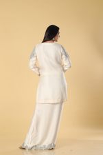Load image into Gallery viewer, Off white banarasi organza mirror &amp; resham embroidered suit paired with cowl skirt
