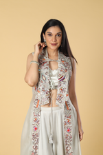 Load image into Gallery viewer, Ice grey 3 piece satin&amp; organza highlighted with resham embroidery

