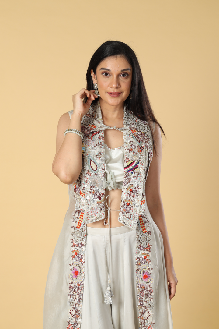 Ice grey 3 piece satin& organza highlighted with resham embroidery