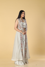 Load image into Gallery viewer, Ice grey 3 piece satin&amp; organza highlighted with resham embroidery
