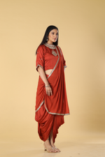 Load image into Gallery viewer, Burnt orange satin organza cowl skirt with gota blouse paired with georgette indowestern

