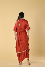 Load image into Gallery viewer, Burnt orange satin organza cowl skirt with gota blouse paired with georgette indowestern

