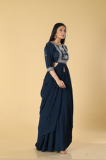 Load image into Gallery viewer, Navy Blue Chinnon skirt paired with zardosi gota embroidered designer blouse
